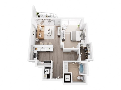 A top-down view of a small, well-organized apartment with a kitchen, living room, and bathroom.
